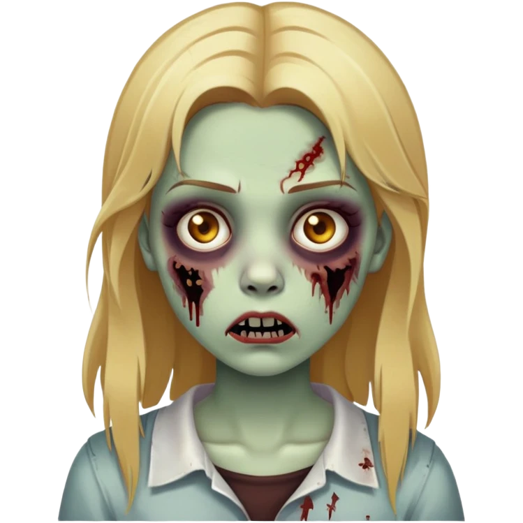Uma garota de cabelo cor loiro mel, olhos castanhos escuros, ela é um zumbi emoji