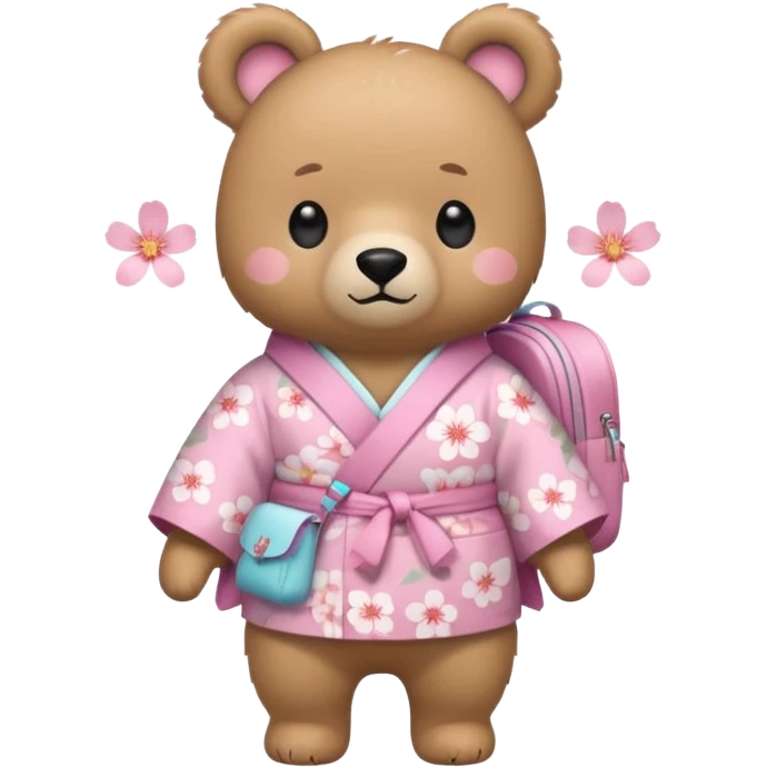 A cute light-brown bear wearing a pastel pink sakura-patterned kimono, normal balanced body ratio.  
Wearing a small backpack on the back, one paw holding the strap, ready to go outside.  
Kawaii emoji style, minimalistic clean sticker illustration, white background. emoji