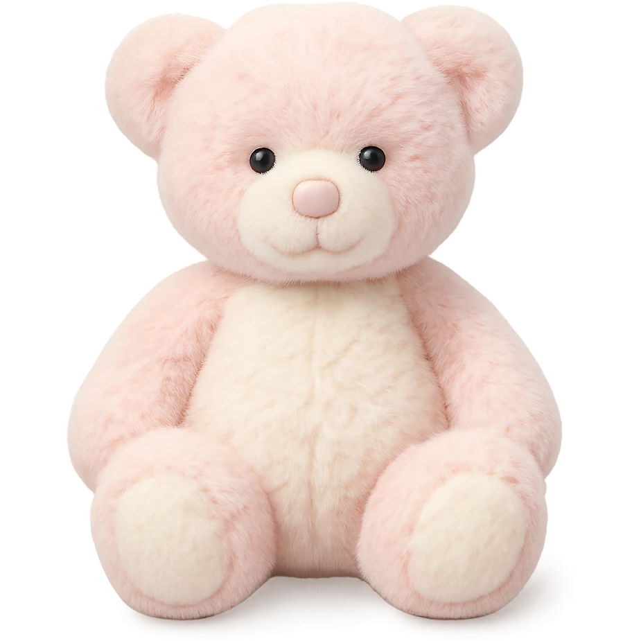 soft plush teddy bear with pink and white fur, completely shadowless, flat lighting, no background, gentle plush look emoji
