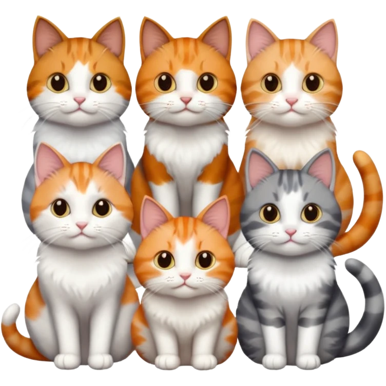 6 cats with different coloured coats, 2 are grey and white, 1 is grey with a little white, 1 calico, 1 brown tabby and white and one ginger and white emoji