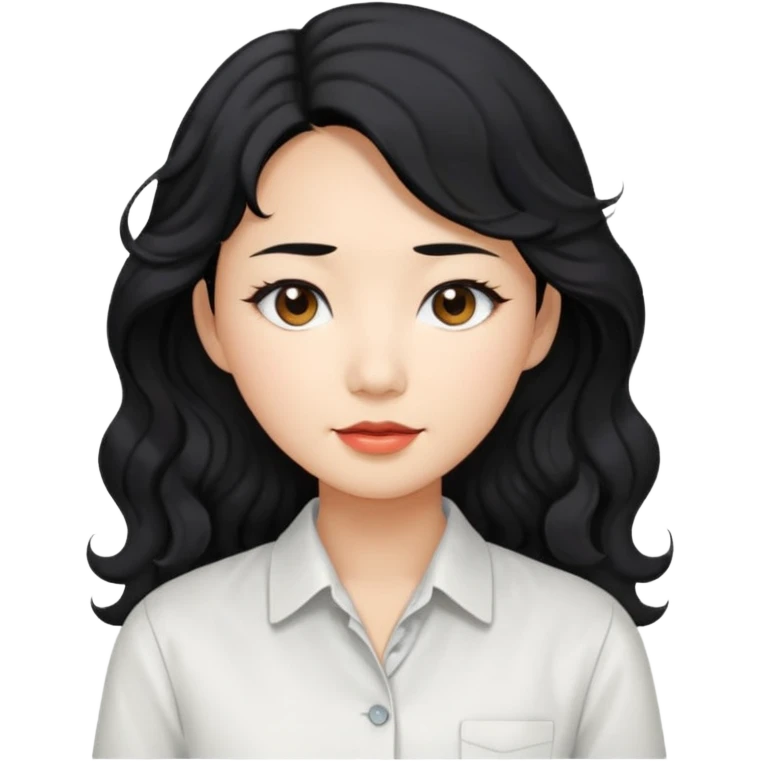 Asian woman, black hair, long permed wavy hair, white button-up shirt, flat colors, transparent background. emoji