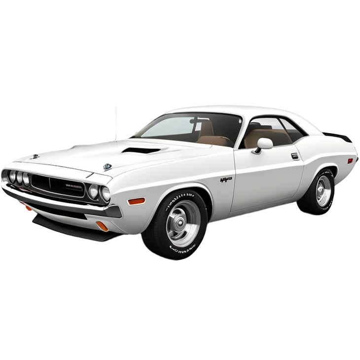Perfectly structured white 1971 Dodge Challenger from Death Proof, exact 30-degree perspective showing front and side, maintaining authentic muscle car proportions, all-white finish, iOS emoji style emoji