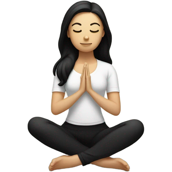 White girl with black hair meditating in butter top and black leggings emoji