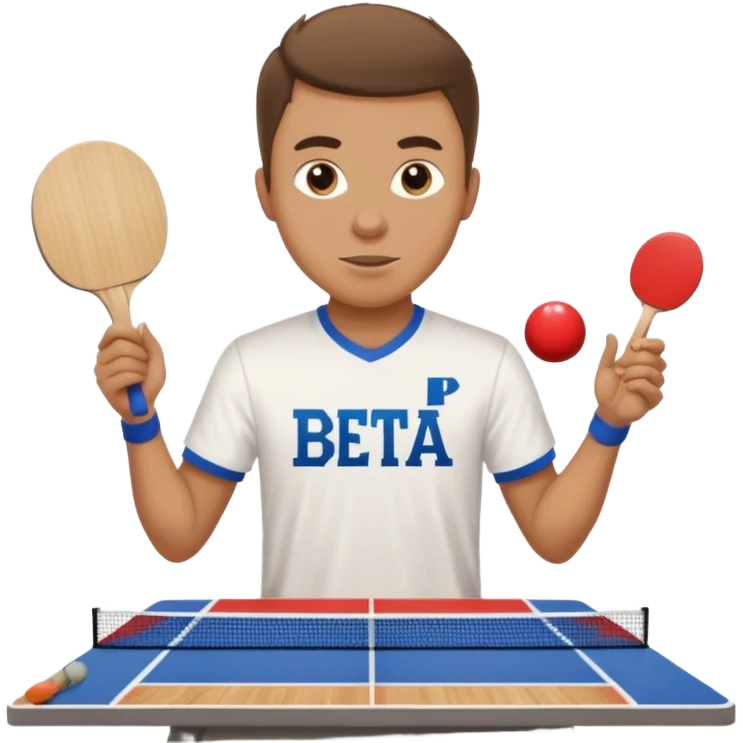 Guy playing ping pong on a 4x8 wooden table no net and only one paddle wearing a frat shirt with the letters beta theta pi on the front  emoji