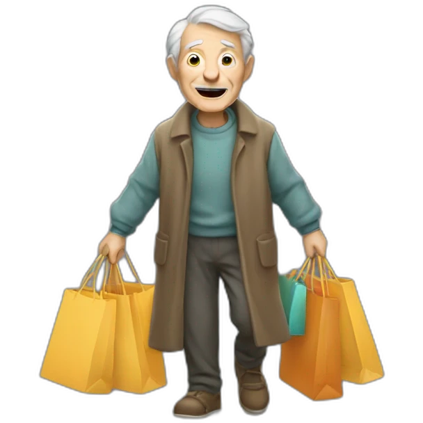 Old man with a walking stick and a lot of shopping bags emoji