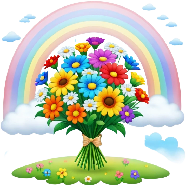 bouquet of flowers surrounded by light and mist in a field of rainbows emoji