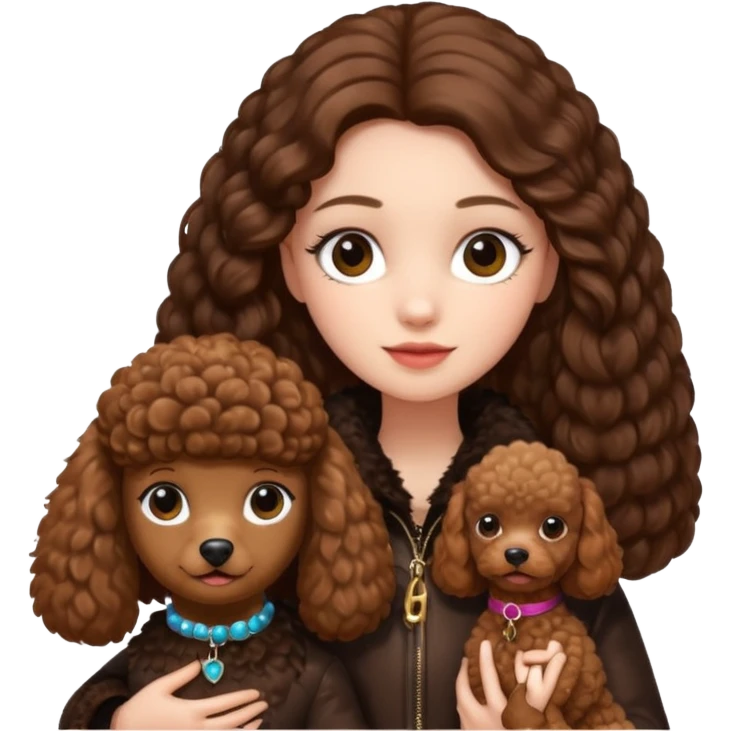 A girl who has long brown hair and wears a fur jacket holds a brown poodle emoji