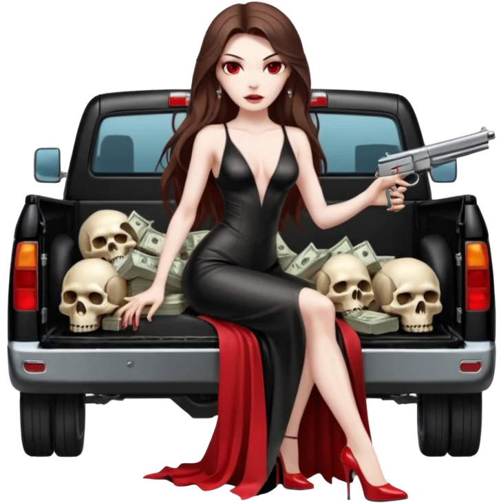 Lilith symbol red eye seductress evil long brown haired sexy succubus woman with leather long dress with slit on, sitting in Big Large F350 pickup truck. Platform long high heels on feet. Back seat full of stacks of cash, she is  Holding a man dead human skull of her enemies and a gun in other hand emoji