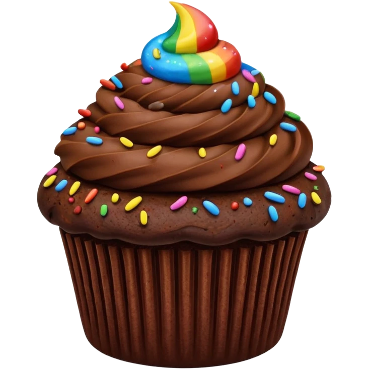 chocolate cupcake with chocolate frosting and rainbow sprinkles emoji