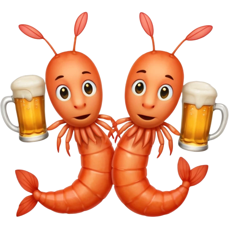 Design a trendy emoji-style illustration of two shrimp peeking from behind text, only half of their bodies visible, curious and playful expressions.
One shrimp holding a beer mug, the other pointing forward.
 emoji