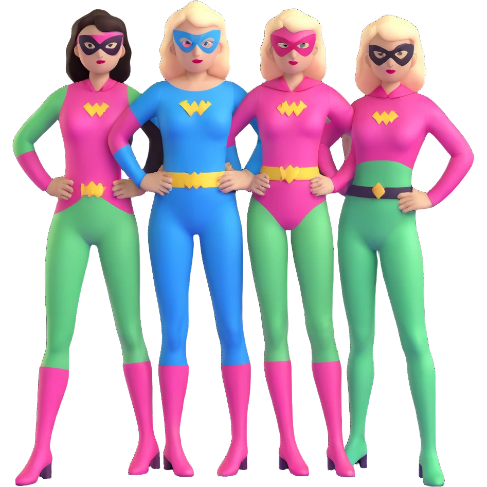 three female superheroes posing together - one wearing light blue outfit, one wearing pink outfit, and one wearing light green outfit emoji