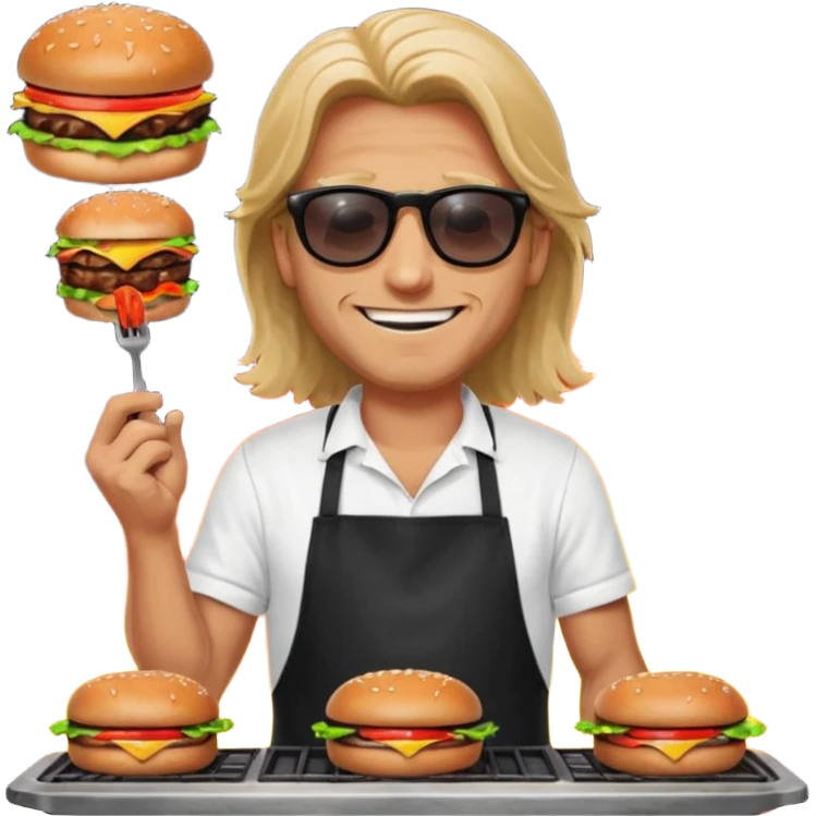 long hair man grilling wearing shade smiling in a white tshirt and a black apron grilling burger and meat on a sizzling grill emoji