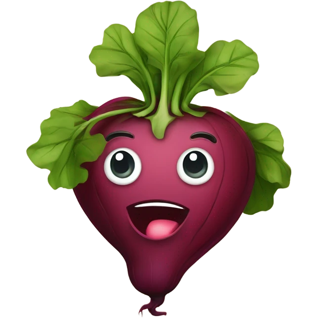 miling beetroot with big expressive eyes, rosy cheeks, and a green leaf on top. Simple and bright design with a cheerful and cartoonish style. emoji