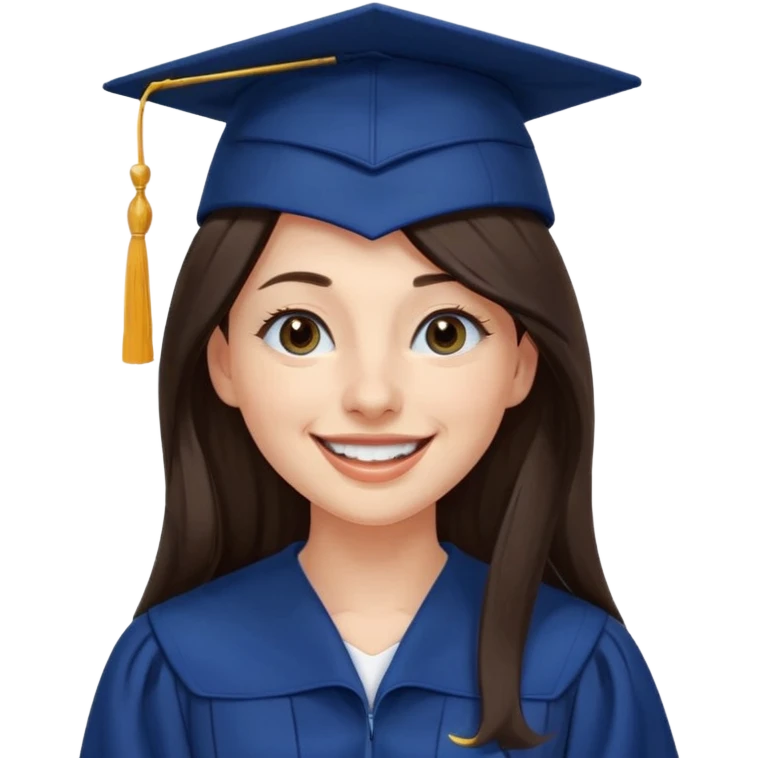 带着学士帽的，深棕色长发，黄种偏白皮肤的，高鼻梁，不戴眼镜的女博士生，在单只眼眨眼并开朗的笑，年龄26岁，学士服全身深蓝色但是黑领子， emoji