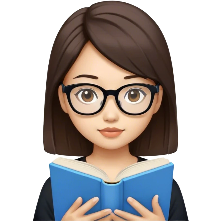 pretty asian girl reading a blue book black top white glasses brown hair emoji