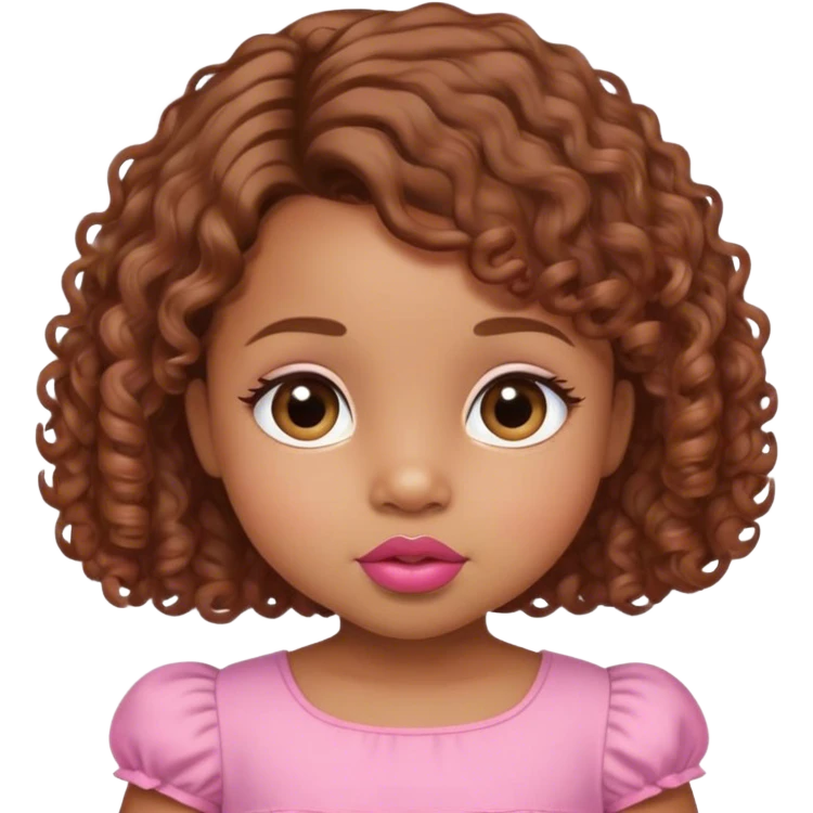 light brown skin tone, very adorable toddler, with big plump lips, long long lashes, brown curly bob, brown eyes, pink dress emoji