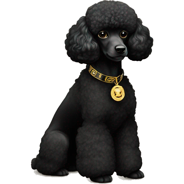 A black miniature poodle with a shaved face and a black collar with gold Versace emblems on it emoji