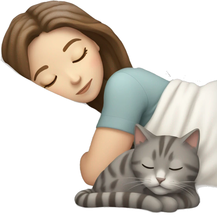 White girl brown hair sleeping with light grey kitty emoji