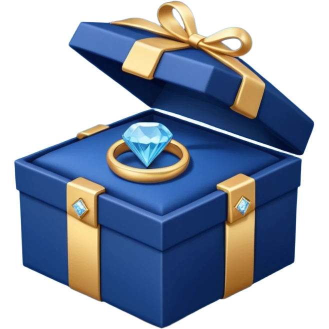 A dark blue gift box for jewelry containing a gold ring with a diamond emoji