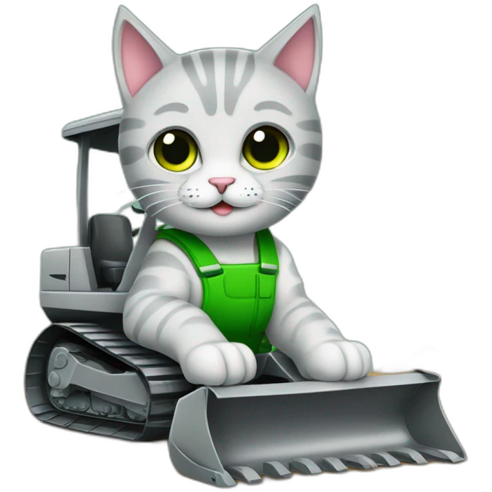 Gatito gris con ojos verdes sobre una excavadora emoji