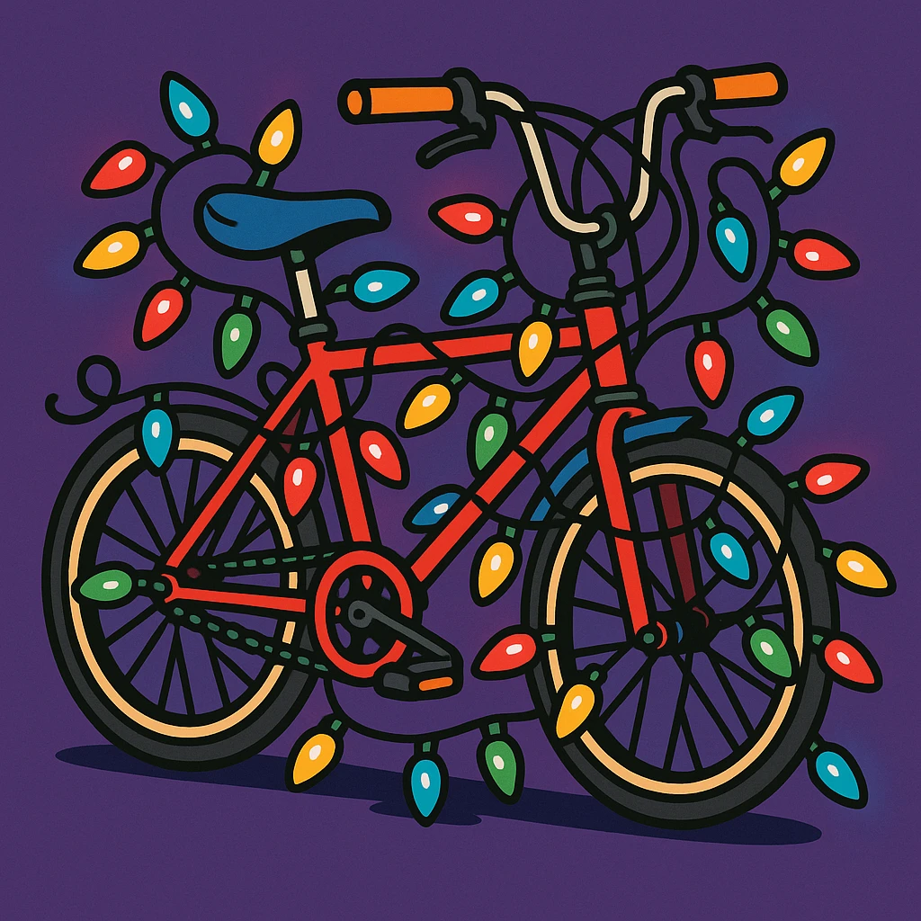 A retro 1980s bicycle with Christmas lights, referencing Stranger Things, in a vibrant cartoon style emoji