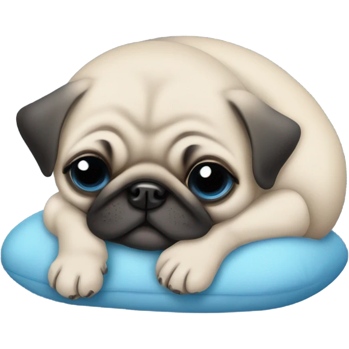 Baby pug with blue eyes sleeping on a blue cushion  emoji