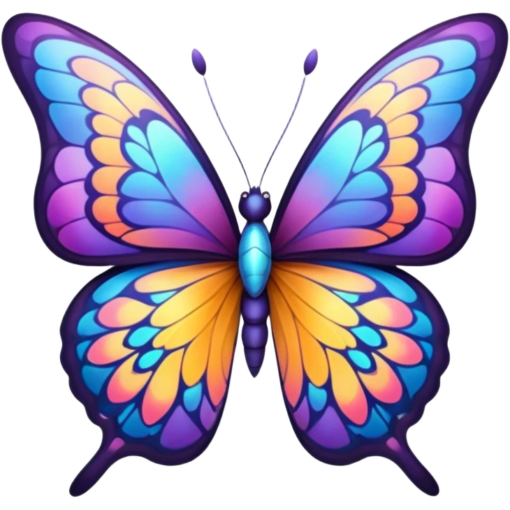 Cinematic Elegant Butterfly Portrait Emoji, Poised and ethereal, with delicate, intricately patterned wings in a kaleidoscope of soft, vibrant colors, a slender, graceful body, and gentle, observant eyes, Simplified yet exquisitely delicate features, highly detailed, glowing with a soft, radiant luminescence, high shine, intelligent and enchanting, stylized with an air of whimsical floral elegance, focused and poised, soft glowing outline, capturing the essence of a watchful butterfly that appears ready to flutter out of the screen with magical grace! emoji