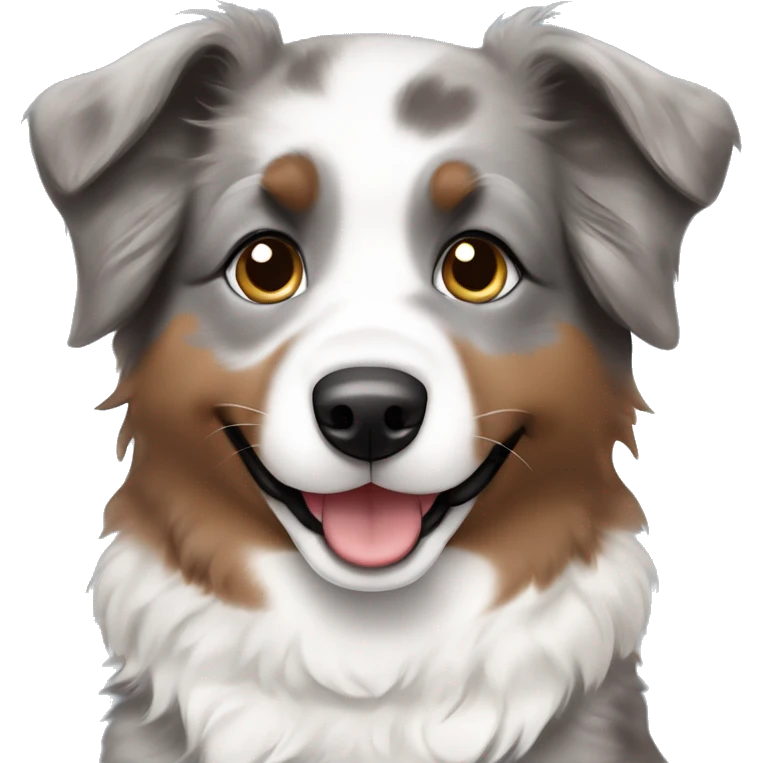 Happy gray brown Australian shepherd puppy with half blue and brown eyes emoji