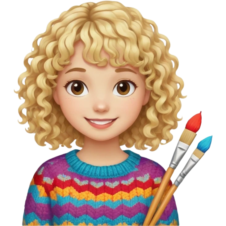 smiling girl with curly blonde hair and bangs with brushes and colourful  knitted sweater emoji