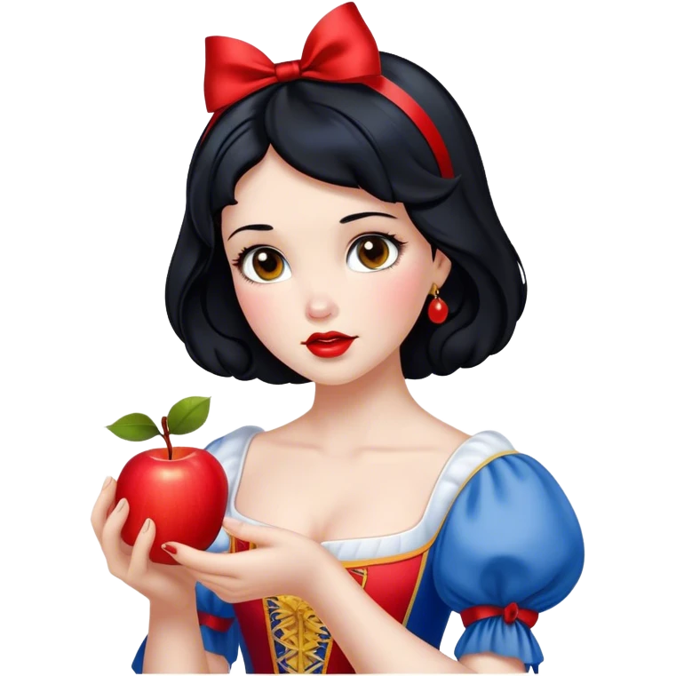 Cinematic Realistic Snow White Portrait, depicted with lifelike skin texture, soft natural lighting, and intricately detailed black hair styled with a red ribbon. Her soft brown eyes radiate innocence and kindness, complemented by a warm, gentle smile. She holds an apple in one hand, her other hand resting against her cheek, embodying her purity and charm. She is dressed in her classic yellow, blue, and red gown, the fabric rich in texture with delicate folds that catch the light beautifully. The portrait features a soft, natural glow with a radiant finish, capturing the essence of timeless beauty in a realistic and painterly style. emoji