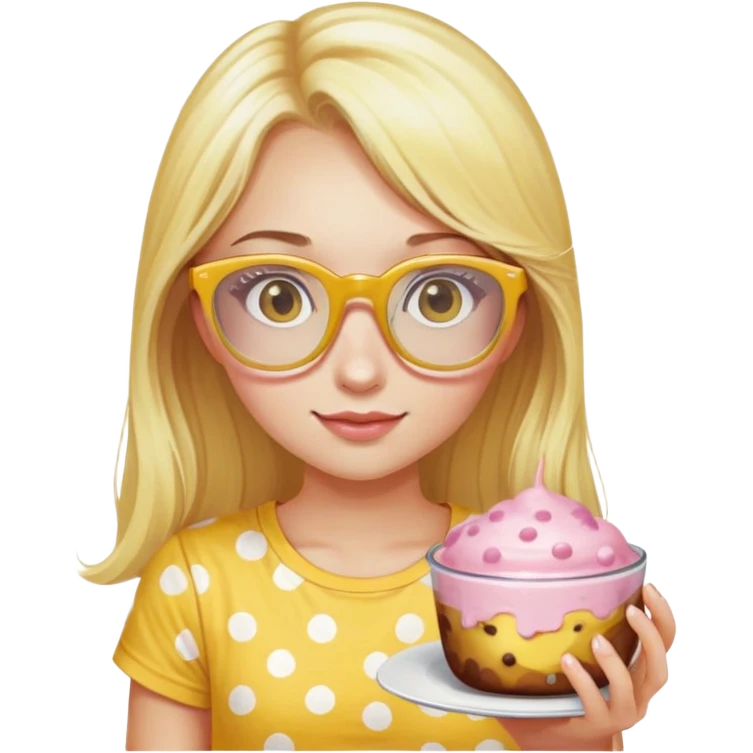 a girl with long lashes, long blonde hair, light pink glasses, wearing yellow polka dot t-shirt, holding a pudding emoji
