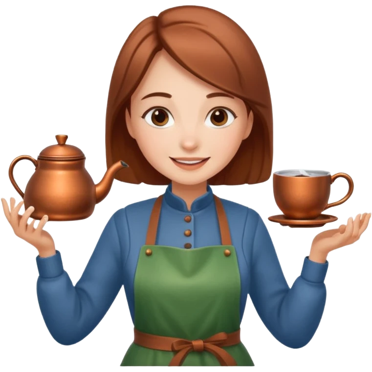 A cheerful woman wearing a winter apron, pouring cocoa from a kettle into tiny cups.
 emoji