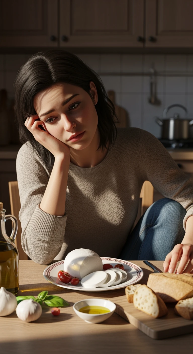 donna vestita casual con espressione triste davanti ad un piatto di cibo con mozzarella e pane, iperrealistico 4k emoji