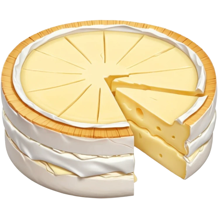 round camembert cheese wheel, white bloomy rind, creamy pale yellow inside, one slice cut out showing soft slightly oozing center, smooth rich texture, subtly wrinkled rind, no box or extras, soft lighting, emoji scale emoji