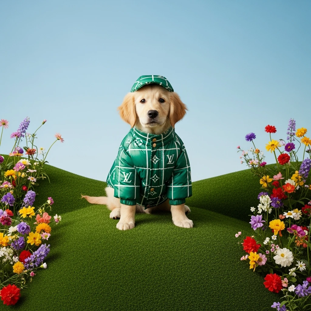 Medium shot, Photo of a puppy golden retriver sitting, dress in abstract (green) grid puffer Louis Vuitton jacket, express body, soft light, golden retriver sitting on grass hill with colorfull flowers, green cap, blue minimalistic sky in background, studio emoji