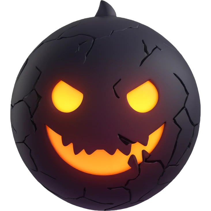 Make this futuristic sinister 3D emoji even scarier by adding shadowy features, glowing cracks, and a threatening glare. Remove the background. emoji