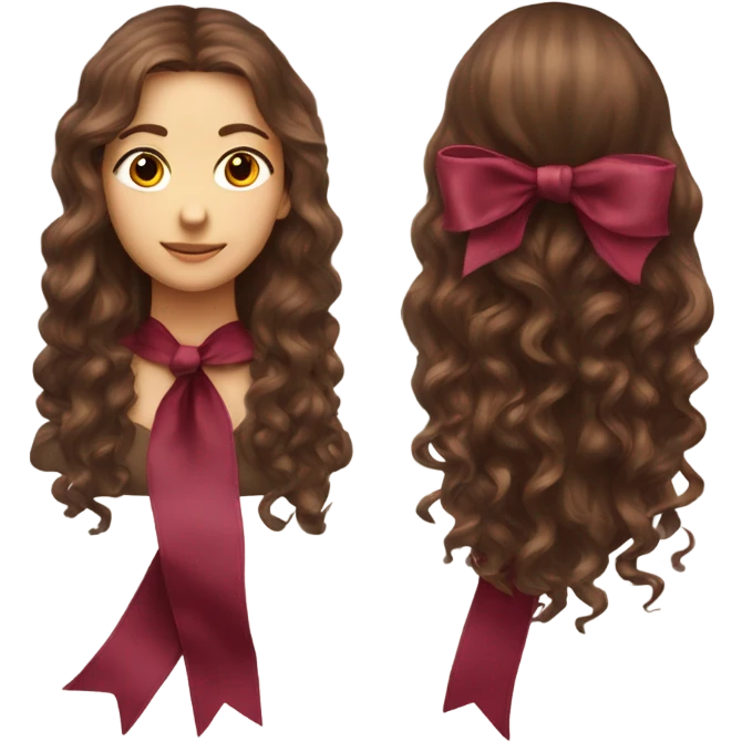 “A back photo of a girl's head with long, gently curly brown hair, wearing a large burgundy ribbon on her hair, and appears only from behind without seeing the face or front details.” emoji