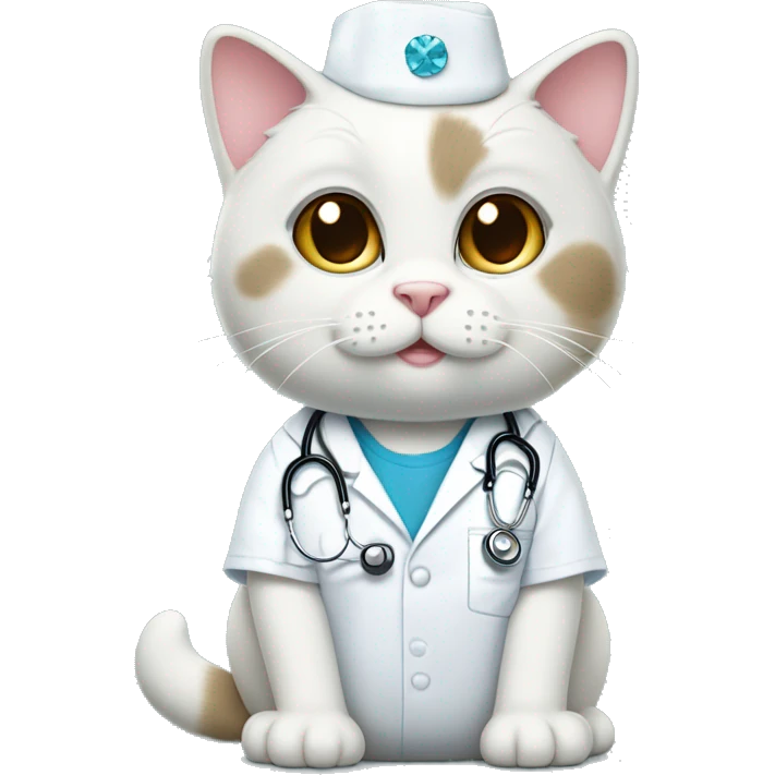 white chubby rag doll cat that is wearing scrubs and stethoscope with diamonds  emoji