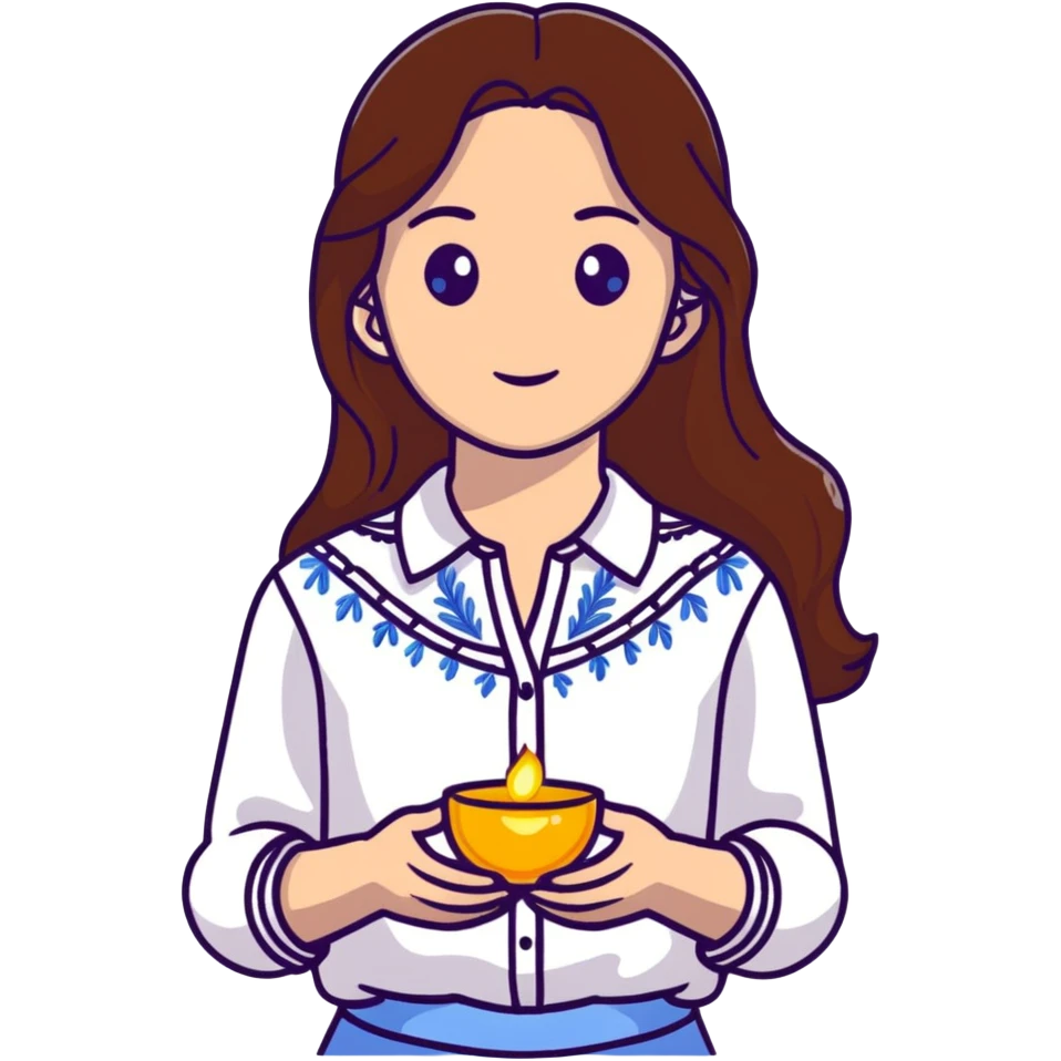 Ukrainian young girl with long brown hair in a white traditional embroidered shirt, cupping a small glowing blue light in her hands representing her soul emoji