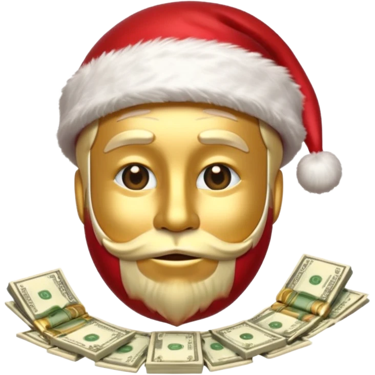 A confident rich emoji face wearing a Santa hat, money stacks, casino vibe, New Year theme, premium 3D emoji style, sharp details, no text, isolated on transparent background emoji