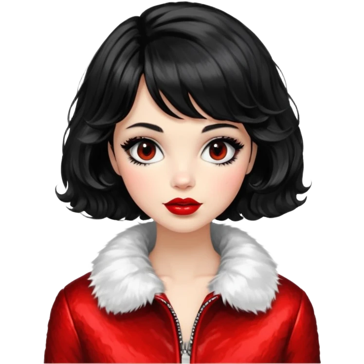 Alluring 1960's mod French girl french shiny black wavy textured bob haircut tousled hair red lips wearing furry jacket emoji