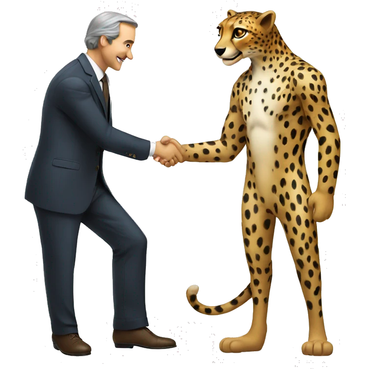 A cheetah in a classic suit shakes hands with a man  emoji