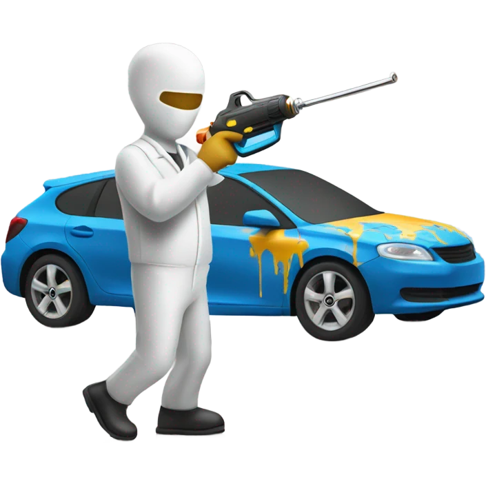 Guy in a paint suit using a spay gun to paint a car emoji