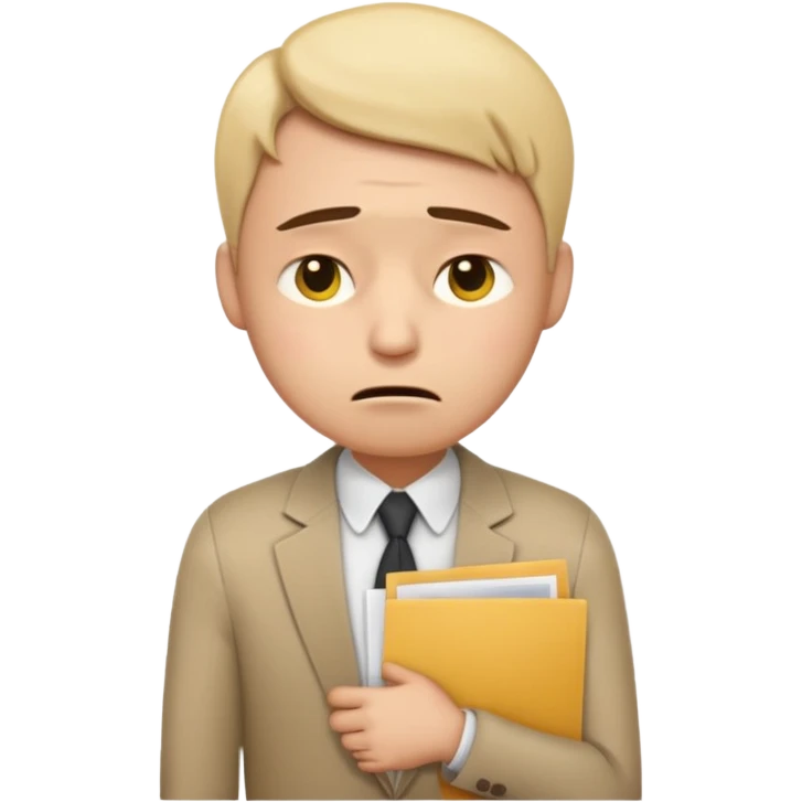  emoji character wearing a interview clothoes. face has a very sad crying, disappointed expression with drooping eyebrows and half-closed eyes. posture is dejected, with slumped shoulders just rejected from his interview to get a job, holding CV. dont make it old person. emoji