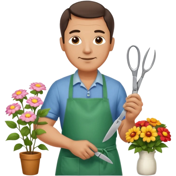 Middle-aged male florist – apron on, trimming stems with scissors emoji