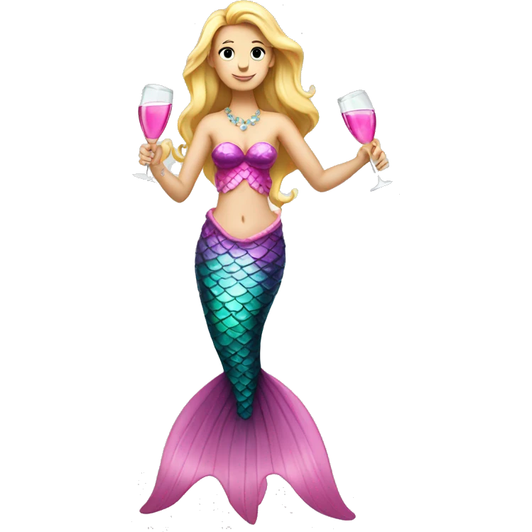 A caucasian mermaid drinking champagne dressed in pink emoji