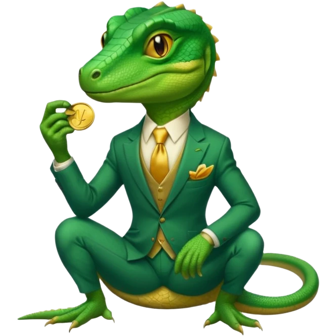 cunning capitalist lizard in a suit, sitting with legs crossed and holding a gold coin emoji