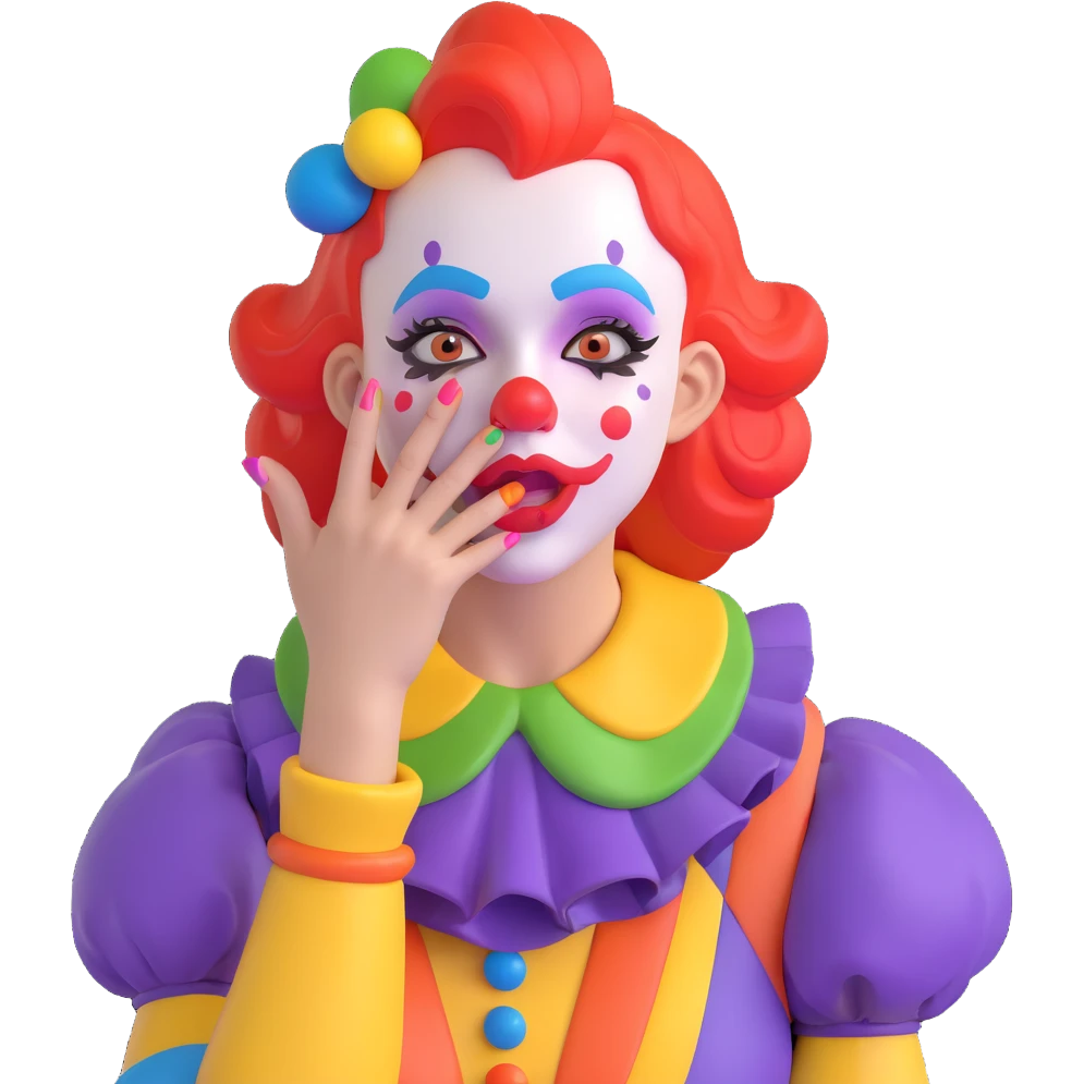 clown girl with her hand cupped near her mouth, whispering a secret, colorful makeup, lively and expressive emoji