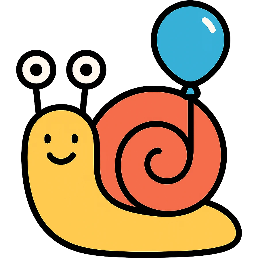 happy snail with cheerful eyes and a balloon on its shell, colorful outline icon style emoji