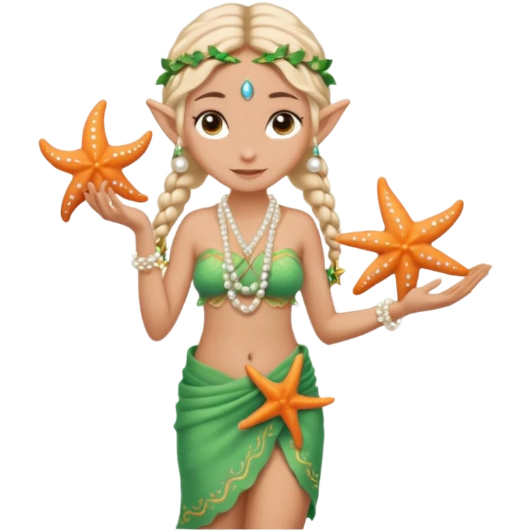 elf female Sarong with bioluminescent embroidery, armful of starfish, hair in a braid with pearl pins emoji